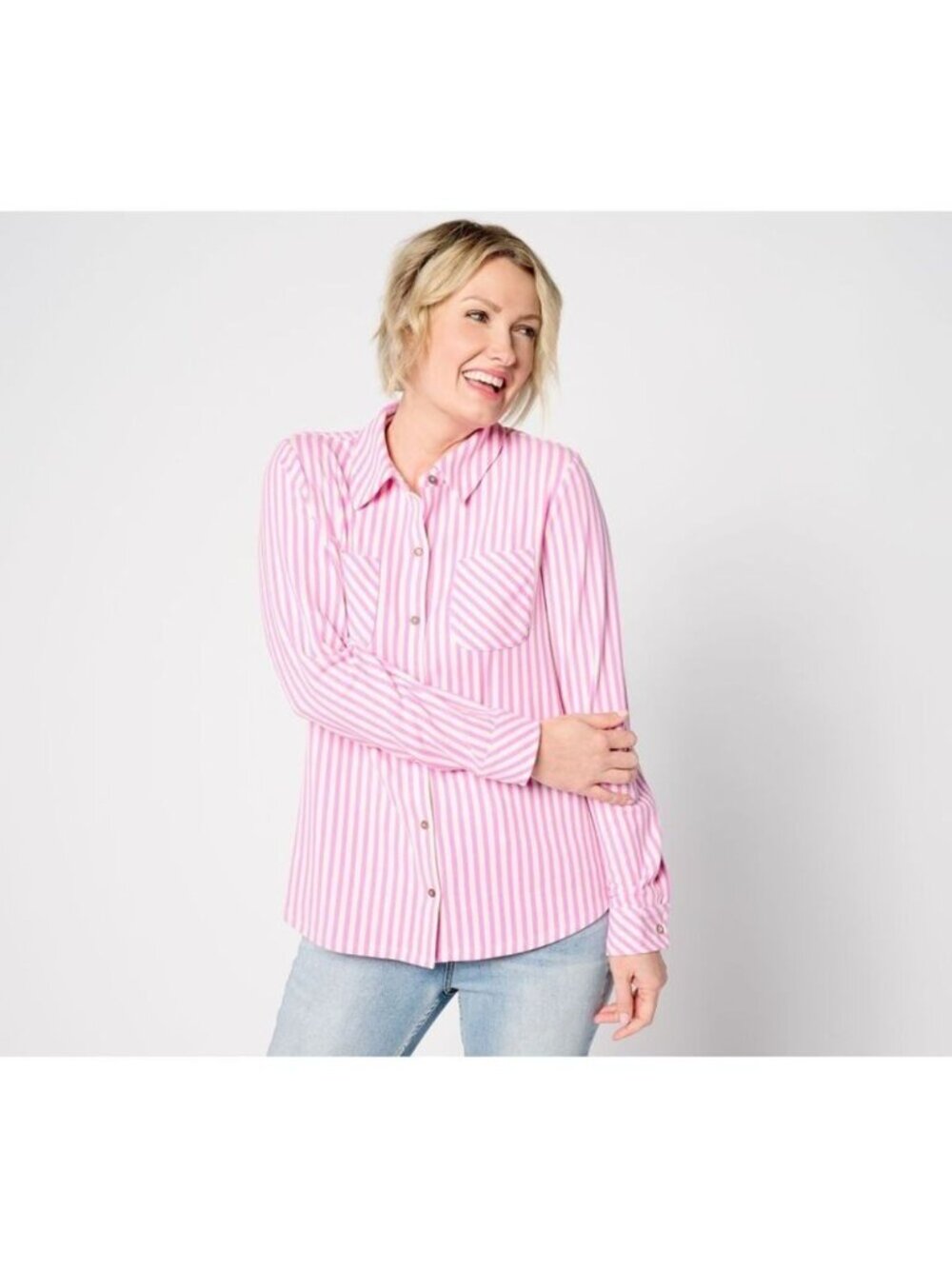 Denim & Co. Top Button Front Shirt sz S Striped Heavenly Jersey Pink A635975